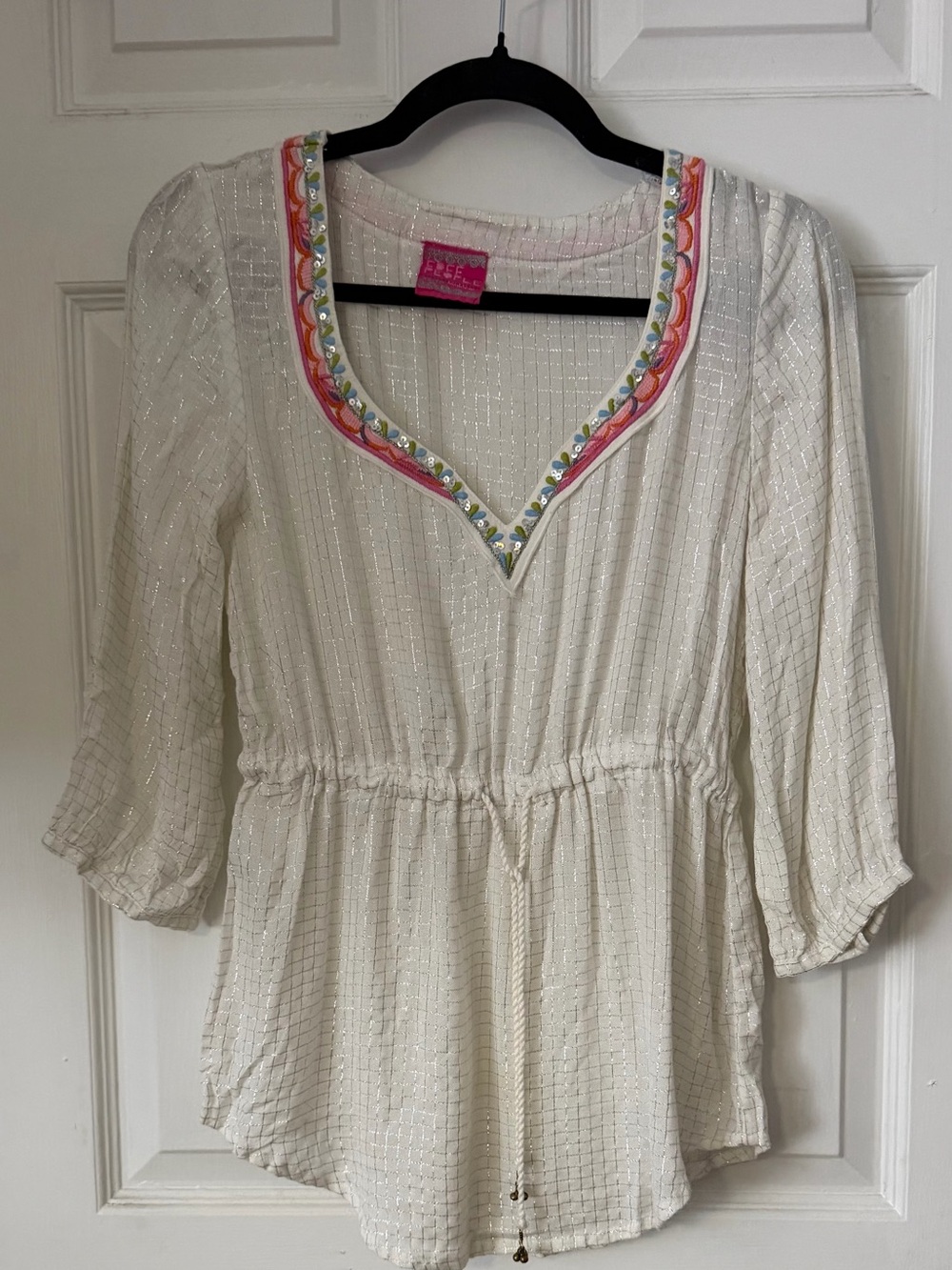 Free People Metallic Tunic Top XS Ivory Embroidered Sequin Boho